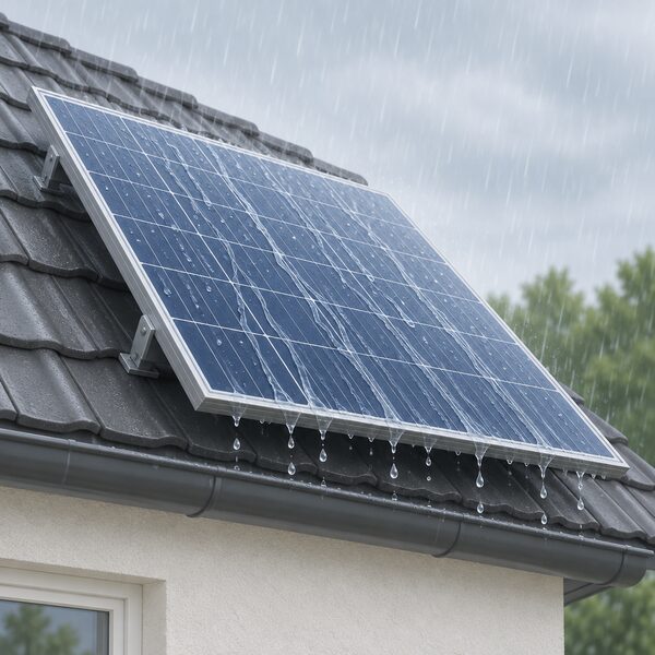A tilted solar panel on a roof during rainfall, with raindrops striking the glass and streaks of water running down the tilted surface and dripping off its lower edge, showing how rain self-cleans a tilted array.