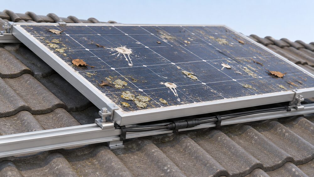 A close-up of one rooftop solar panel on its aluminium mounting rails, its glass surface showing bird droppings, lichen and leaf debris, with the panel frame fixings and a run of DC cabling along the rail visible beneath its edge.