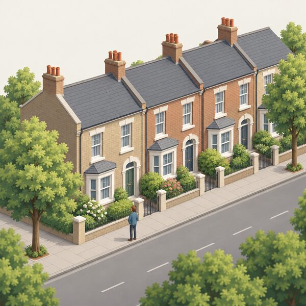 A quiet street of older terraced houses in a conservation area, drawn without any solar panels on the roofs, with plain roofs and chimneys, a person standing on the pavement looking up at the houses, and leafy trees along the road.
