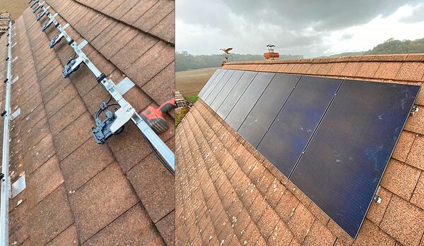 Two photos side by side showing solar panel mounting rails with roof hooks on a tiled roof, and solar panels installed on a tiled roof