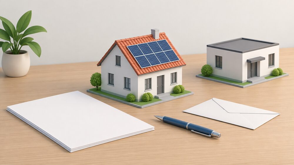 A small model of a pitched-roof house with solar panels on its roof sits on a table beside blank application paperwork, a sealed envelope and a pen, with a small model of a flat-roofed house set slightly apart.