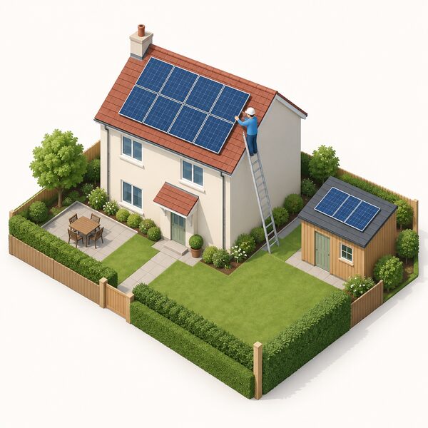 A small isometric dwellinghouse with a solar panel array fixed flush on its pitched roof, one simplified figure on a ladder beside the roof checking the mounting position, with the garden curtilage and a separate stand-alone outbuilding visible below.