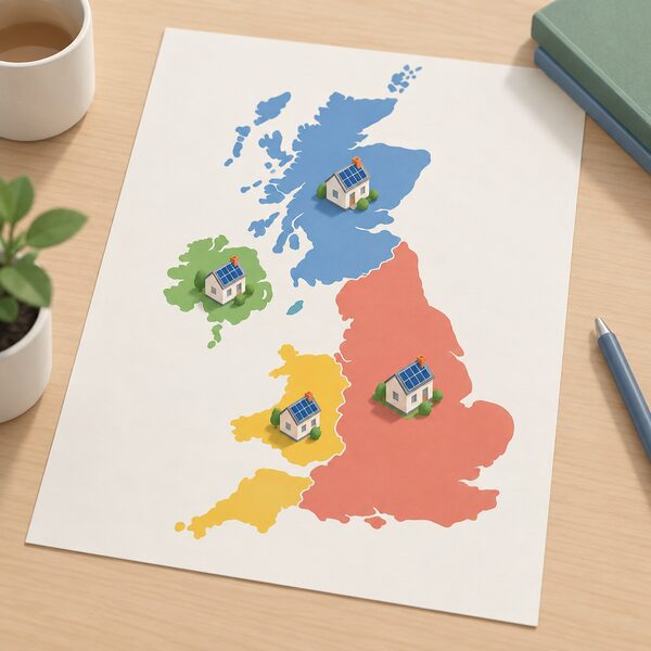 A simplified map of the United Kingdom drawn as a printed sheet, with the four nations shown as plain colour regions and a small solar panel icon on a roof in each nation to show that each runs its own permitted development regime.