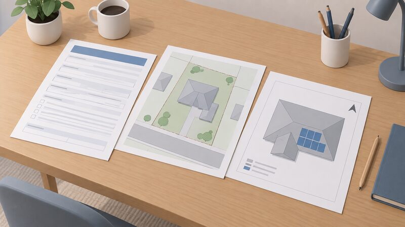 A desk scene showing a planning application form and a site plan laid flat beside a separate roof plan sheet marked with simple blocks indicating solar panel positions, all drawn as physical papers with only blank lines and plain blocks so nothing is readable.