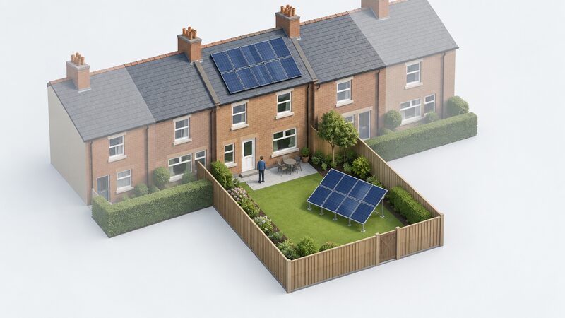 A simplified isometric view of a Northern Irish terraced house with solar panels mounted on its pitched roof, and a separate ground-mounted solar array on a frame standing in the garden within the property boundary, both on the same plot.