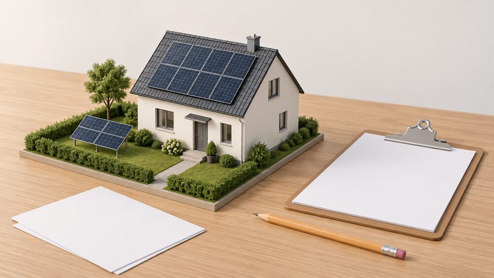 A small model of a detached house with dark solar panels on its pitched roof and a small ground-level panel array in its garden, standing on a wooden table beside blank application paperwork, a clipboard and a pencil.