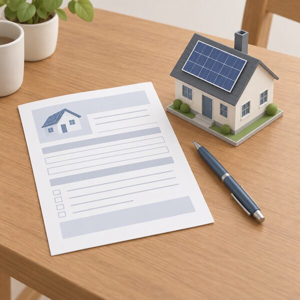 A planning application form for solar panels lying on a wooden kitchen table beside a pen, with a small model of a house topped by a rooftop solar panel standing next to it, showing the paperwork a householder completes before installing panels.