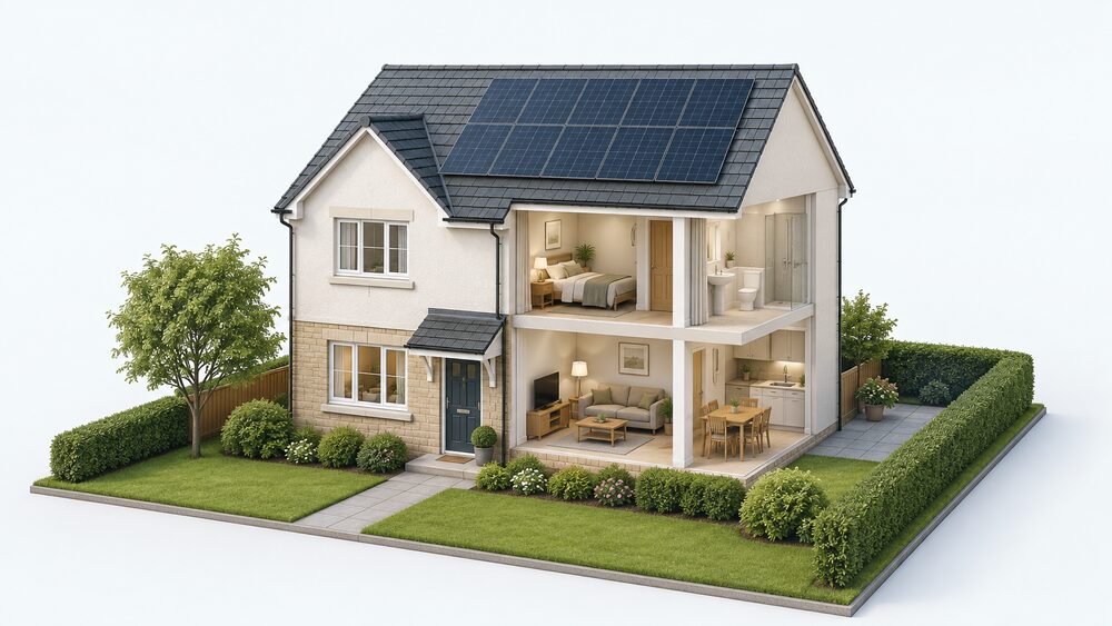 A typical Scottish detached house seen from the street, with an array of solar PV panels mounted flush to the slope of its pitched roof, nothing protruding above the roofline, set in an ordinary residential street.