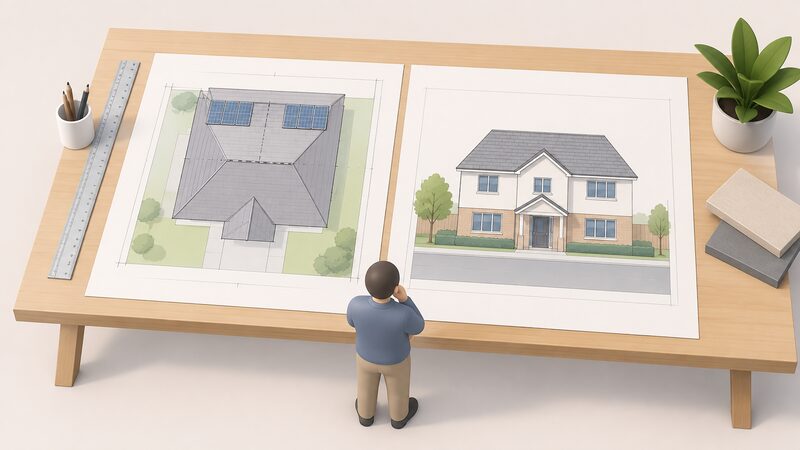 A drawing board scene showing two architectural drawings of a dwelling: a roof plan with rectangular solar panel positions marked alongside the ridge line, and beside it a street elevation of the same house facing the public road, with a small figure studying them.