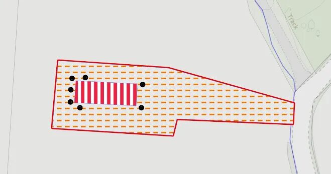 A site plan map showing a development plot outlined in red with hatched areas, a red-and-white striped building footprint and black dots marking features