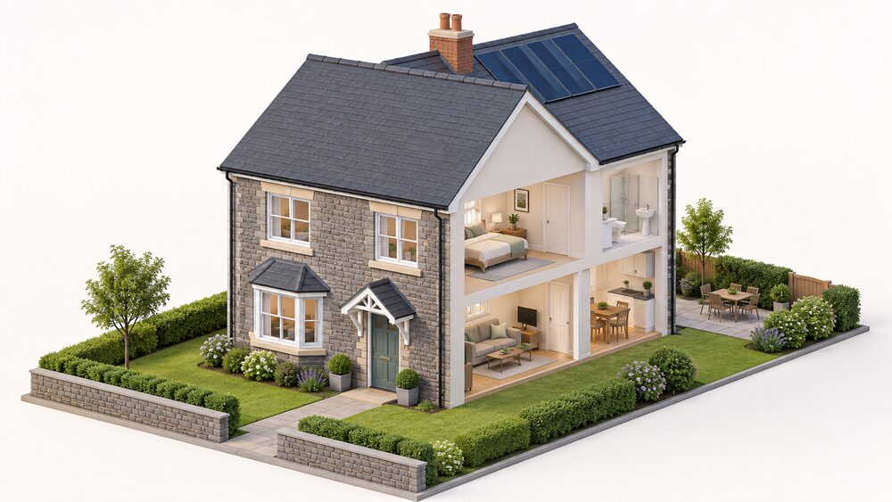 A detached Welsh house seen from the street with solar PV panels mounted flush on a rear roof slope below the ridge, following the roof's geometry, with a chimney at the ridge and the panels projecting only slightly from the slope.