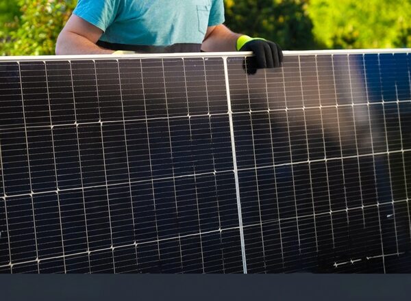 A gloved worker carrying a large solar photovoltaic panel outdoors