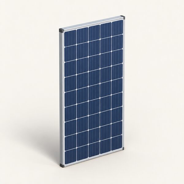 A single whole crystalline solar panel standing upright on the ground in a plain setting, shown as the individual unit that recycling is charged for, with no removal work, scaffolding or transport depicted.