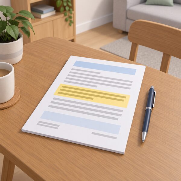 A printed contract document lying on a household table beside a pen, drawn as a physical object with its clauses shown only as blank lines and highlighted plain colour bands, one band marking the clause about who removes a free solar PV system at end of life.