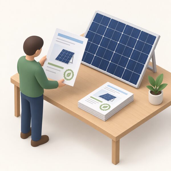 A printed Environmental Product Declaration document lying on a table beside a solar panel, with a verification stamp or seal block on its cover shown only as a plain emblem, and a small isometric figure holding the document to inspect it.