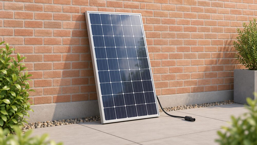 A single whole retired solar panel, its frame and glass intact, leans unbroken against an outside brick wall beside a disconnected cable, waiting to be collected rather than dropped off.