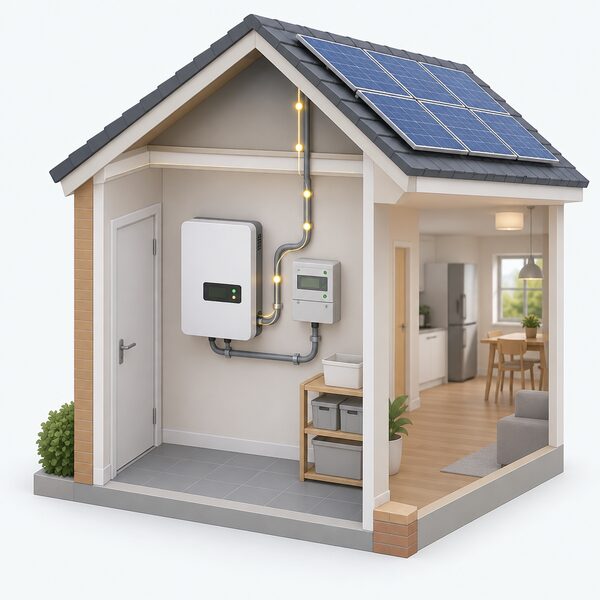 A cutaway indoor view of a home's utility area showing a wall-mounted solar inverter and a generation meter connected by conduit, with simplified cabling rising toward the roof-mounted panels and plain indicator lights suggesting daytime solar electricity flowing through the household circuits.