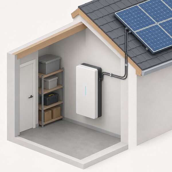 A wall-mounted home battery storage unit installed indoors in a utility space, connected by cabling toward the household's existing solar panel system, shown as a clean, simple installation with no people present.