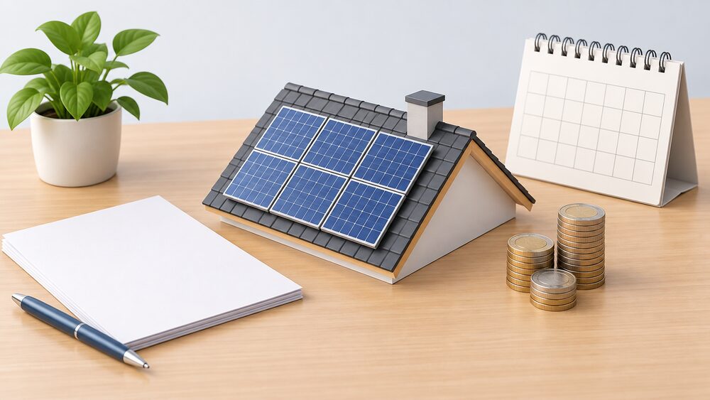 A small model of a house roof with solar panels on it sits on a table beside blank paperwork, a small stack of coins and a wall calendar, showing the moment a household weighs the cost of solar against the savings it brings.