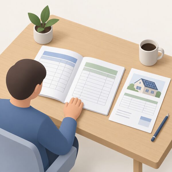 A printed guidance document lying open on a desk beside a domestic solar PV quote, its pages showing simple grid tables with plain colour bands and blank ruled rows, one hand resting on the page as if checking a figure.