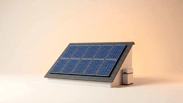 A 3D render of a house roof fitted with ten solar panels and a small battery box beside it