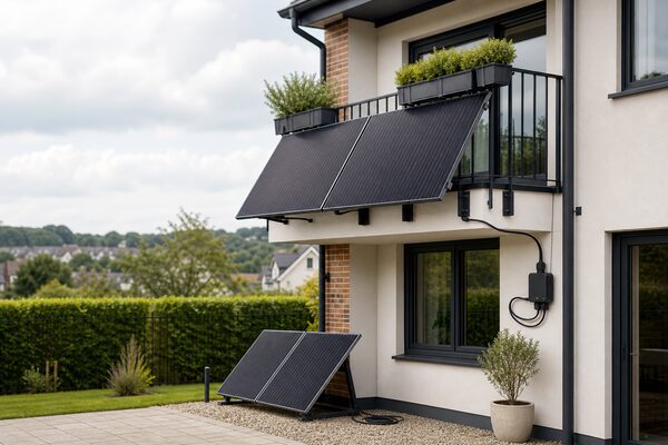 Plug-in solar panels mounted on a house balcony railing and on the ground in the garden