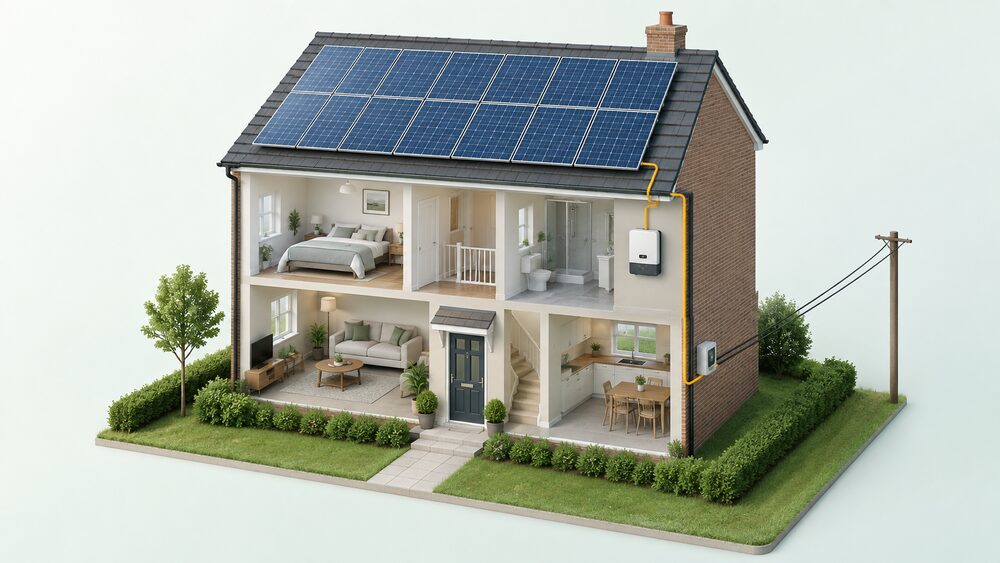 A cutaway of a typical UK house in daylight, with a solar panel array covering the pitched roof and the inverter mounted on an indoor wall, connected to the panels above.