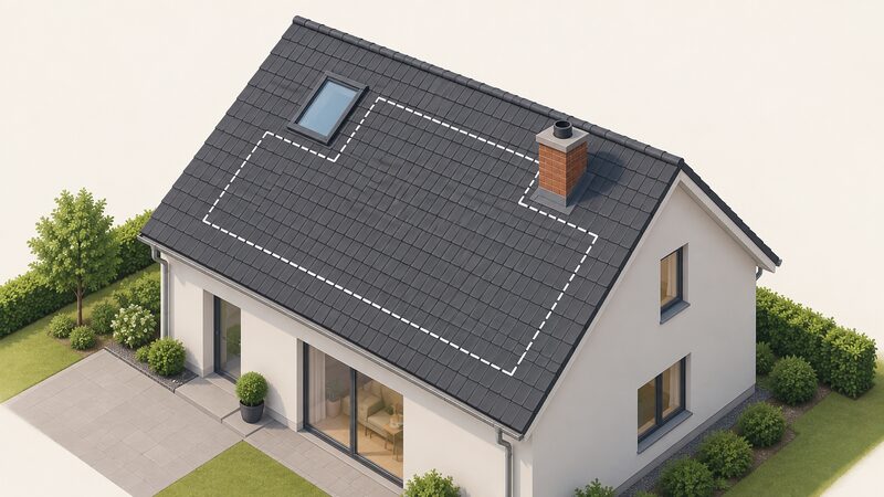 A pitched roof seen from above with a large rectangle marked out on one slope, the rectangle drawn to avoid a skylight and a chimney so the marked area is smaller than the whole roof face.