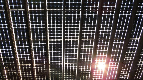 A close-up view of rows of photovoltaic solar panels with sunlight glinting off the cells