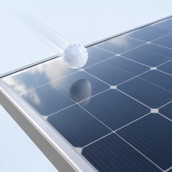 A close view of the tempered glass face of a solar panel, drawn as a smooth reflective surface with a faint grid of cells beneath, with a small ice ball shown mid-flight just before striking one marked spot on the glass.