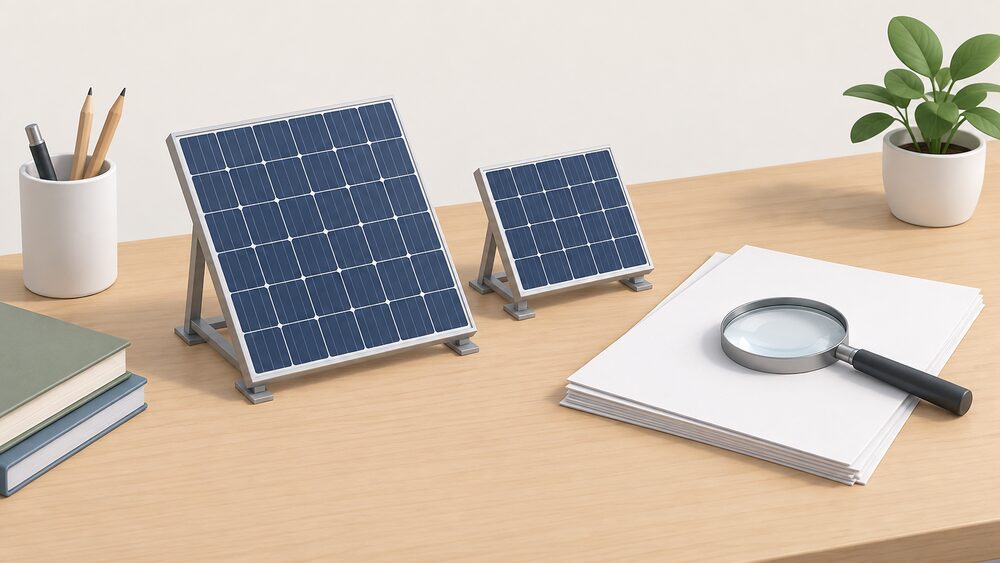 A small model of a rooftop solar panel standing on a desk beside a stack of blank datasheet paperwork, a magnifying glass resting on the top sheet, and a second smaller panel model placed next to the first for comparison.