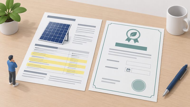 A printed solar panel datasheet lying on a table beside its matching certificate document, with the certification lines on the datasheet marked by plain highlight bands and the certificate showing blank lines for the model and expiry date.