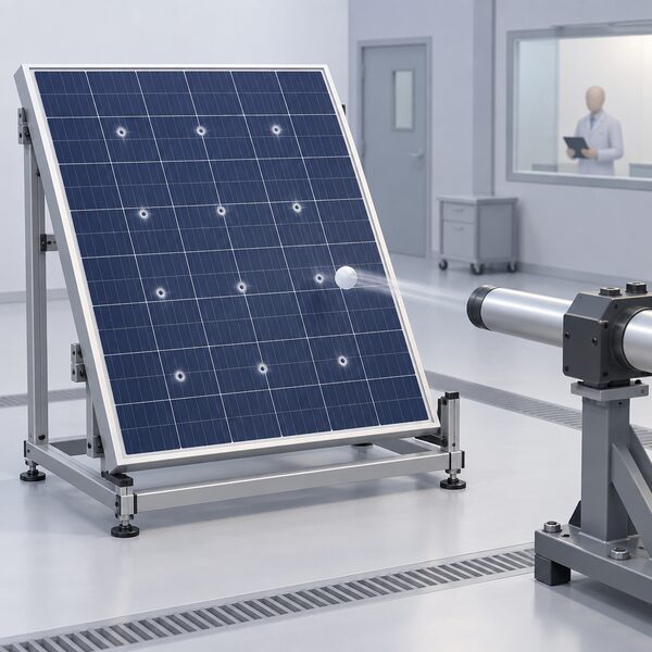 A close-up view of a solar module's glass front lying in a test laboratory, with eleven small circular impact points marked on its surface, one struck by an ice sphere fired from a pneumatic launcher aimed at the panel.