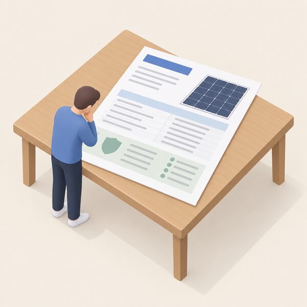 A printed solar panel datasheet lying on a table, its certification section shown as blank lines and plain colour bands, with a small isometric figure leaning over it reading the list of standards.