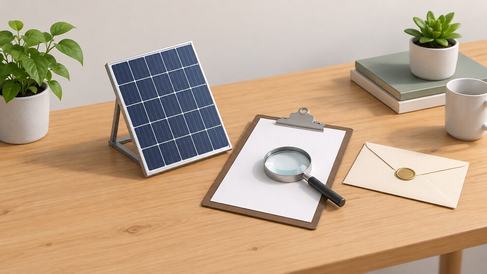 A small model solar panel stands on a wooden table beside a blank certificate on a clipboard, a magnifying glass resting on the paperwork, and a sealed envelope, suggesting a buyer checking the test evidence behind a panel's datasheet.