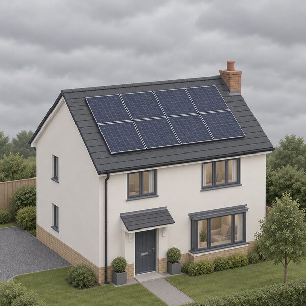 A house roof with an array of solar PV panels generating electricity under a thick grey overcast sky, with diffuse daylight falling evenly on the panels and no direct sun or shadows anywhere in the scene.