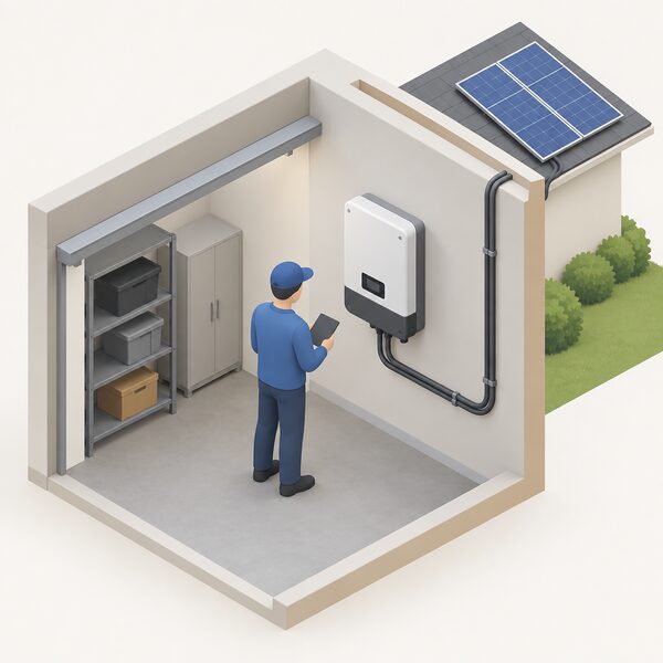 A wall-mounted solar inverter box installed indoors on a garage or utility room wall, with a simplified isometric figure inspecting it, and cabling running from the unit toward the outside where the solar panels sit.
