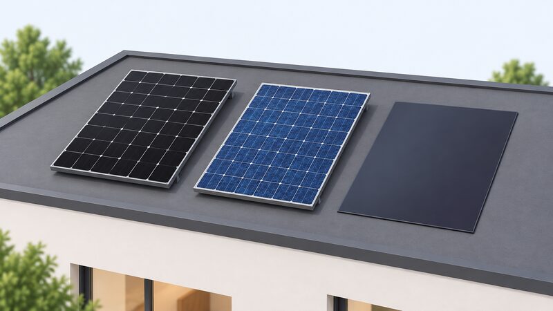 Three solar PV modules shown side by side on a plain roof: a dark black monocrystalline panel with uniform cells, a blue polycrystalline panel with speckled cells, and a thin-film laminate lying flush as a smooth dark sheet.