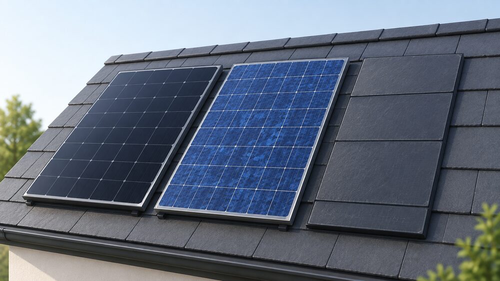 A close-up of three solar module types side by side on a roof slope: a dark blue-black monocrystalline panel with no visible crystals, a polycrystalline panel with visible blue crystal shades, and a PV slate resembling a traditional roof slate.