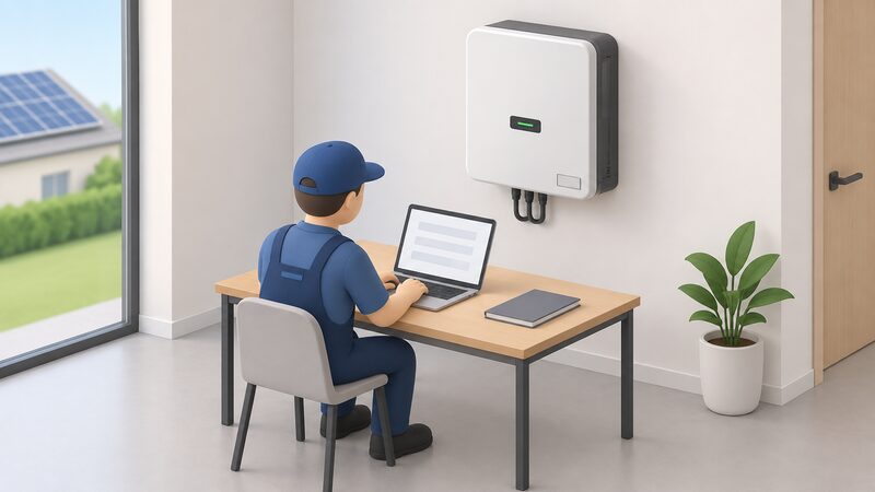 A simplified isometric installer sits at a table beside a freshly commissioned wall-mounted inverter, typing on an open laptop whose screen shows only blank lines, with the inverter's serial label visible as a small plain tag, registering the unit at handover.