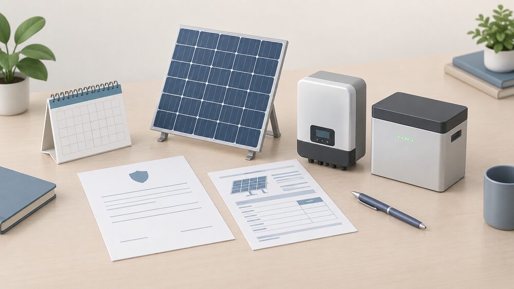 A small model solar panel standing on a desk beside blank warranty paperwork, a datasheet sheet, a calendar and a pen, with a small inverter box and a compact battery unit placed nearby to suggest the different lengths of cover.
