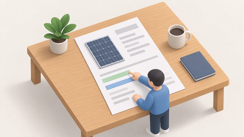 A printed solar panel datasheet lying on a table, held flat by a simplified isometric figure pointing at two highlighted lines on the page, one shorter and one longer, shown as plain colour bands with no readable text.