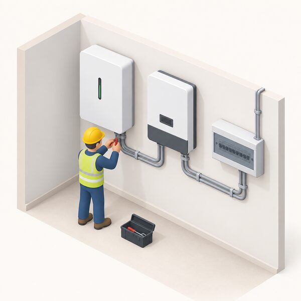 A qualified electrician, shown as a small isometric figure, permanently wires a wall-mounted battery storage unit beside the solar inverter in a home, with conduit connecting the battery, inverter and consumer unit.
