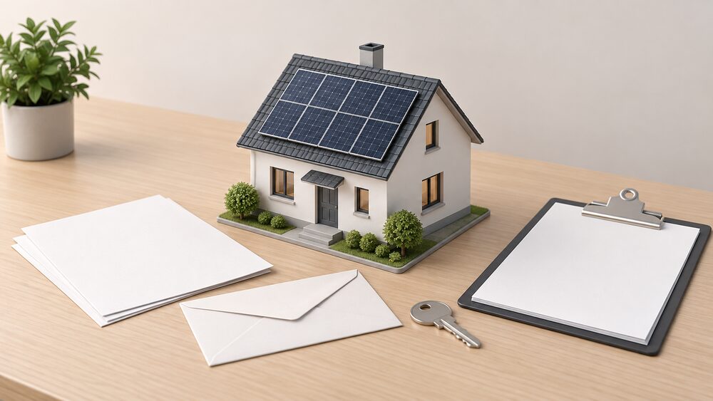 A small model house with dark solar panels on its pitched roof sits on a table beside blank paperwork, a sealed envelope and a house key, with a clipboard holding blank certificate sheets resting nearby.