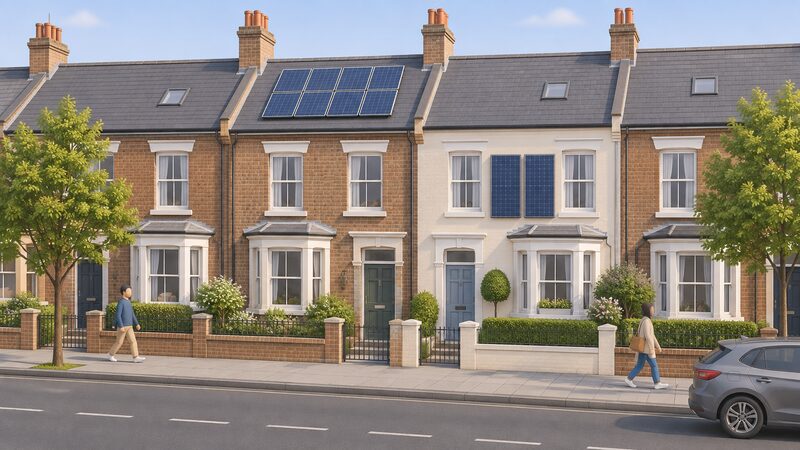 A terraced street in a conservation area seen from the road, with solar panels on a front roof slope of one house and wall-mounted panels on the front wall of the neighbouring house, the wall panels marked as needing consent.