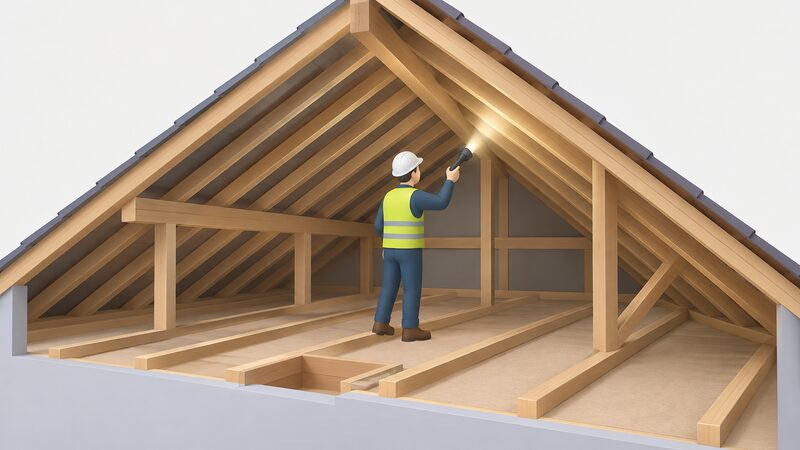 A surveyor inside a loft space beneath a pitched roof, holding a torch and inspecting the rafters and timbers to assess whether the structure can carry the load of future solar panels.