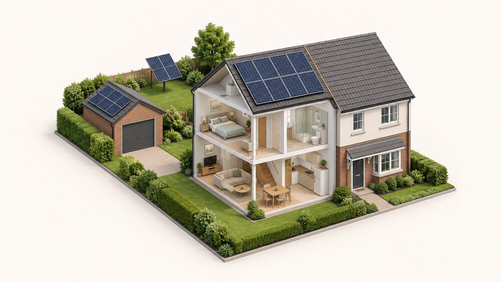 A two-storey semi-detached house with solar panels fitted flush on its south-facing pitched roof slope, a detached garage in the garden also carrying a small panel array, and one ground-mounted tilted panel standing on a post in the garden behind it.