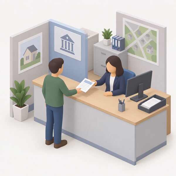 A householder handing a completed prior approval application form across a counter to a local planning authority officer at a council planning office desk, the form shown as a physical paper document with blank lines and plain blocks instead of readable content.