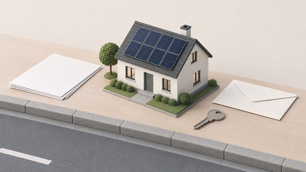 A small model house with dark solar panels flush on its pitched roof sits on a table beside blank paperwork, a sealed envelope and a house key, with a road kerb edge running along the front of the table.
