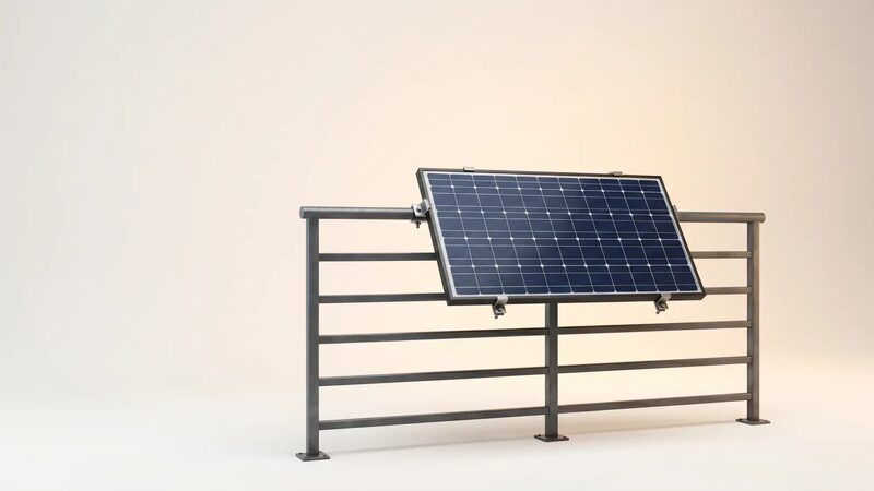 A solar panel mounted on a metal balcony railing in a studio-style render
